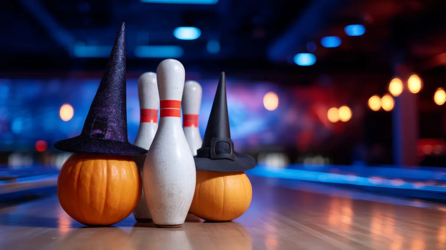 Bowlingkegel und Kürbisse mit Hexenhüten auf einer Bowlingbahn. Bunte Lichter illuminieren die Szene und sorgen für festliche Atmosphäre.