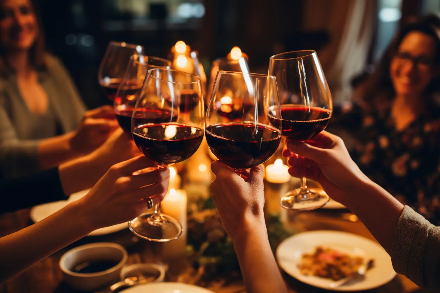 Gruppe stößt bei einer Dinnerparty mit Wein an