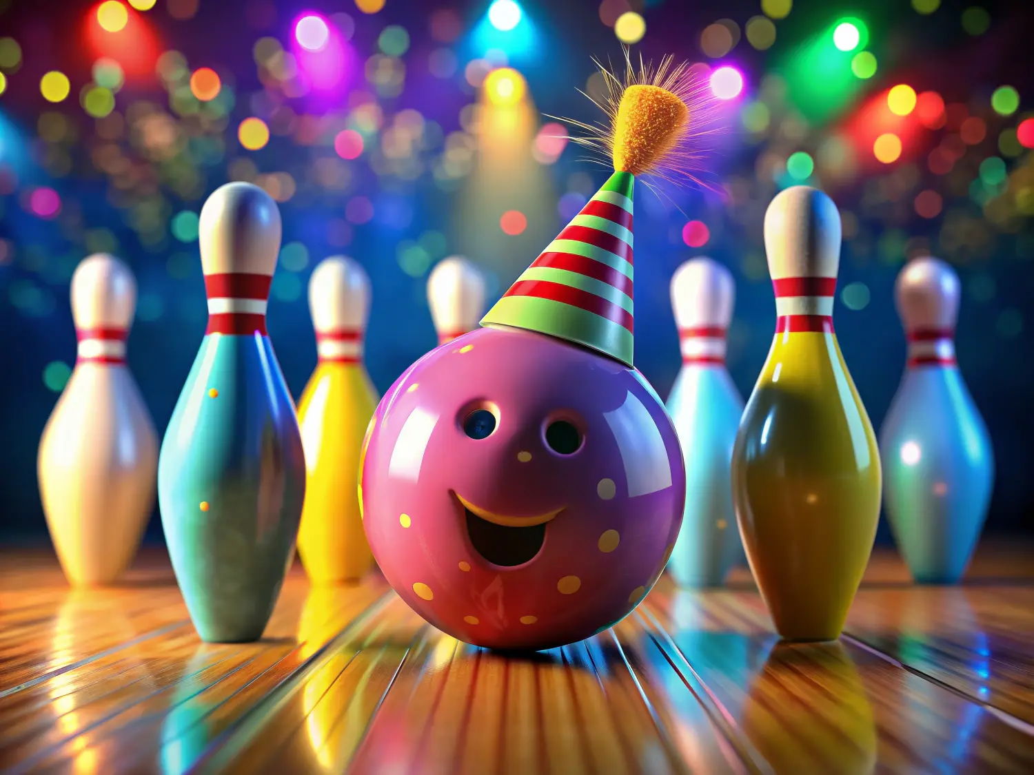 Farbenfrohes animiertes Happy Birthday Bowling-GIF mit Kugeln und Kegeln für Feiern und Partys