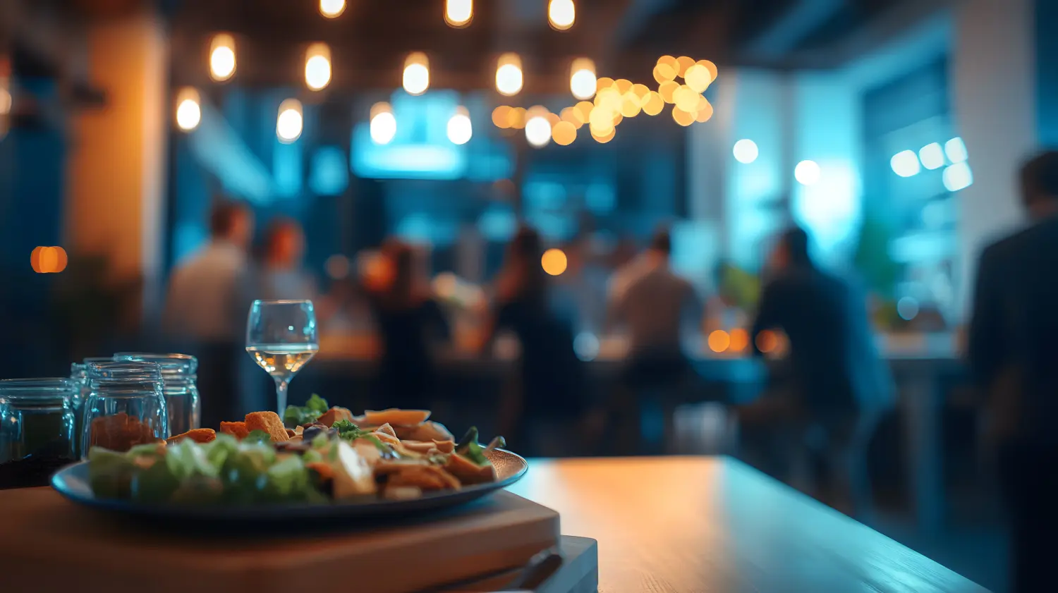 Geschäftsveranstaltung in einem Büro mit vielen Mitarbeitern. Essen und Trinken in einem Besprechungs- oder Konferenzraum mit Geschäftsleuten im Hintergrund. Unscharfe Aufnahme von Geschäftsleuten auf einer Party im Büro