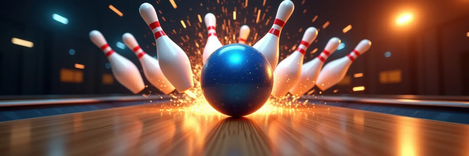Ein dynamisches Bild, das eine Bowlingkugel mit dramatischer Beleuchtung und Funkenflug auf die Kegel trifft – perfekt für die Werbung für Bowlingbahnen, Turniere oder Sportveranstaltungen.