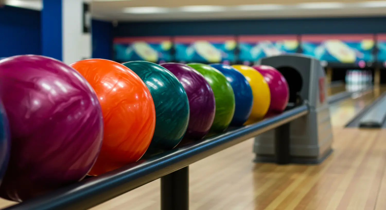 Bunte Bowlingkugeln in einer Bowlingbahn mit polierten Bahnen und farbenfroher Dekoration im Hintergrund